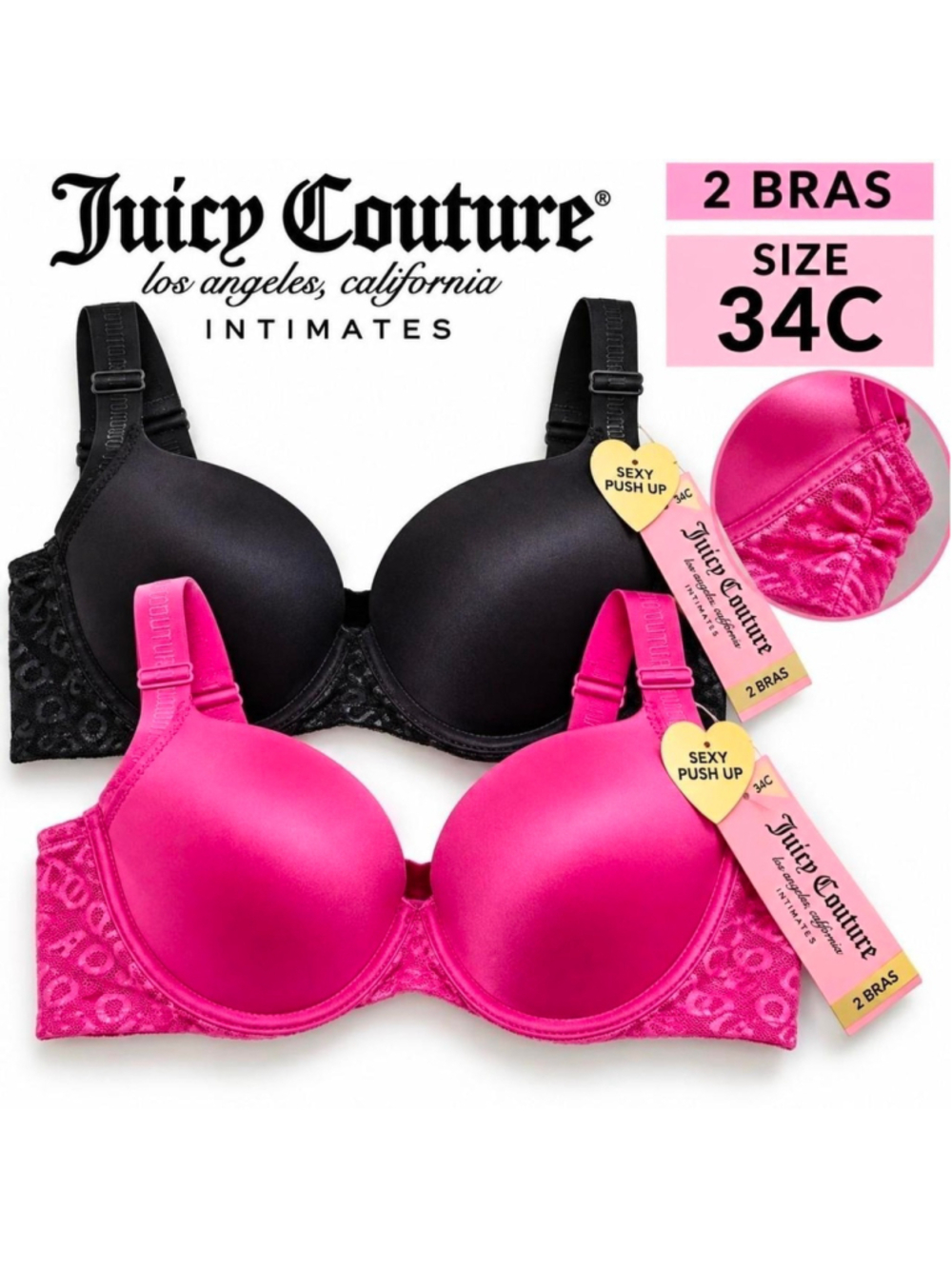 Juicy Couture 2-Pack Sexy Push-Up Bras Pink & Black Size 34C
